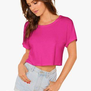 NWOT SweatyRocks Round Neck Short Sleeve Crop Top T-Shirt, Size M, Hot Pink